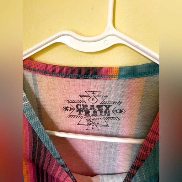 NWOT Crazy Train T-Shirt Dress Striped Turquoise Pink Dress w/pockets Small - Picture 2 of 7